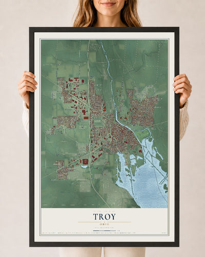 Map of Troy, Ohio, 24 x 36 inch print in a black wood frame