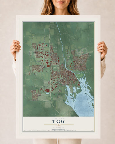 Map of Troy, Ohio, 24 x 36 inch print in a white wood frame