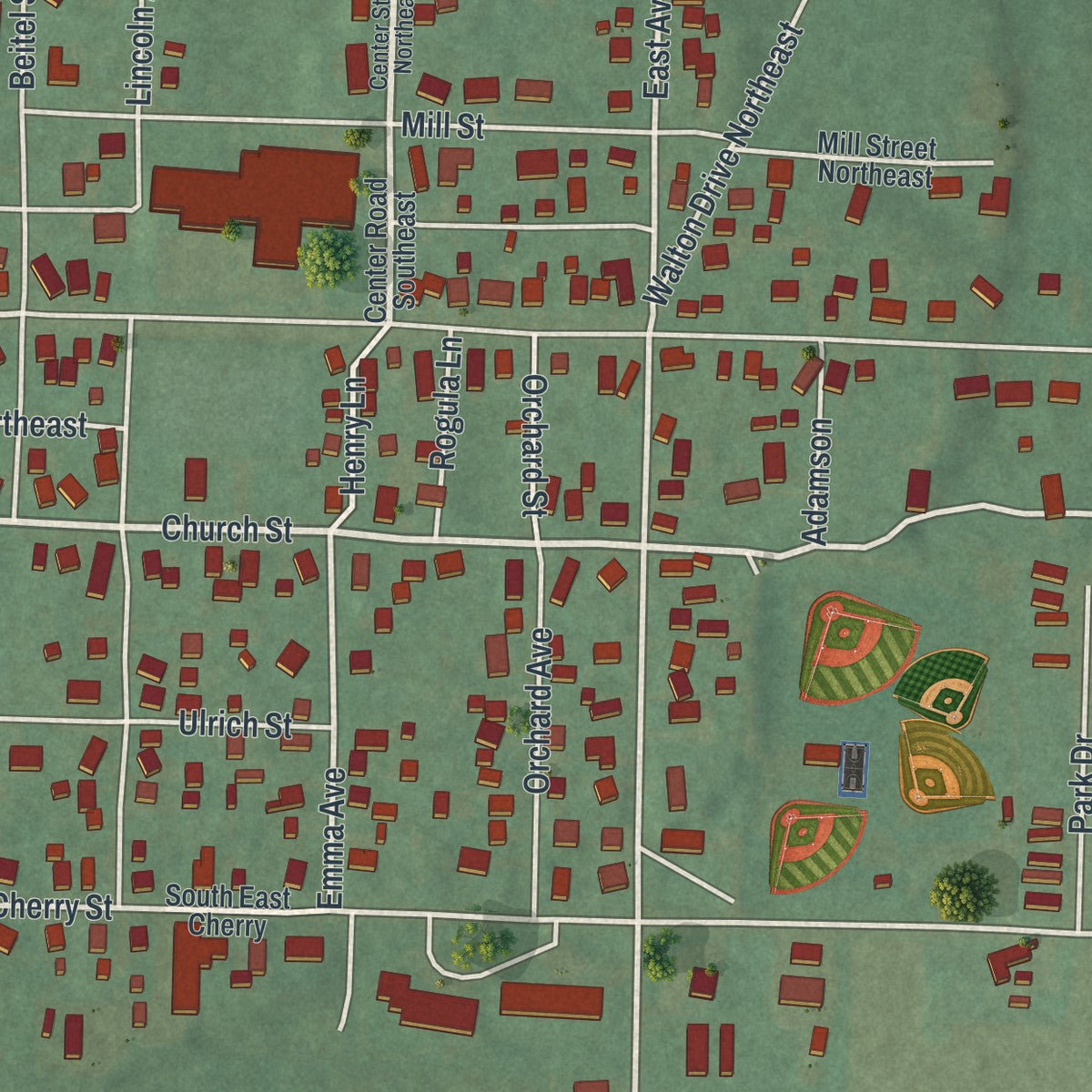 Close-up of the map of Tuscarawas, Ohio print showing street and building detail