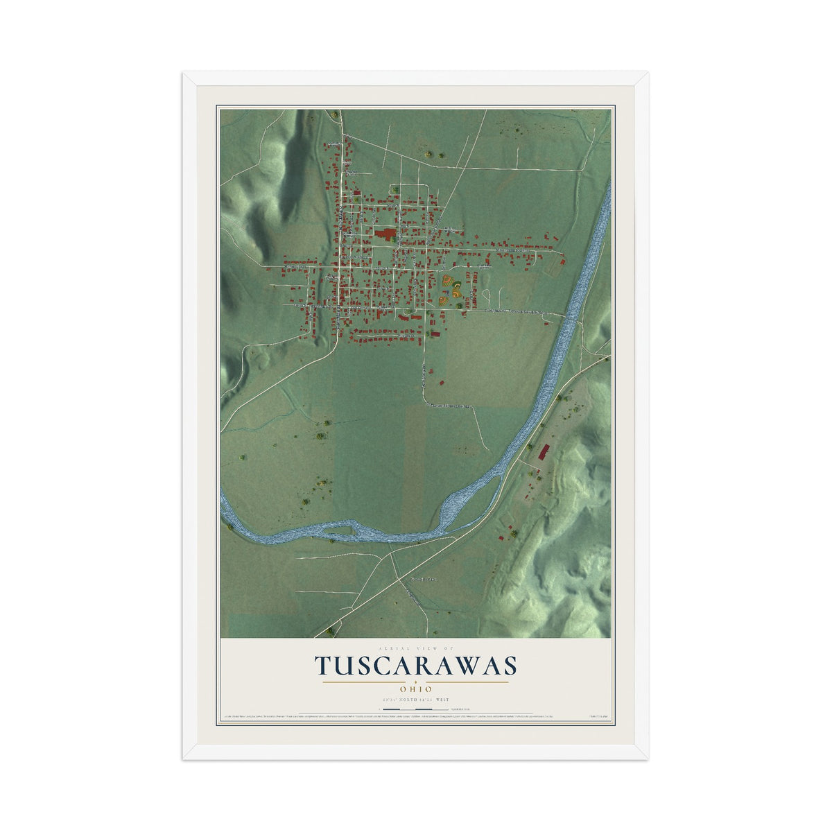 Map of Tuscarawas, Ohio, 12 x 18 inch print in a white wood frame