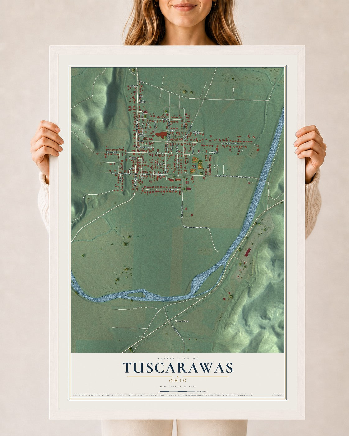 Map of Tuscarawas, Ohio, 24 x 36 inch print in a white wood frame