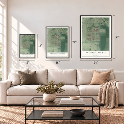 Twinsburg Heights, Ohio map in 12 x 18, 18 x 24 and 24 x 36 inch sizes above a sofa