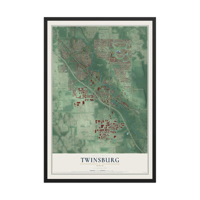 Map of Twinsburg, Ohio, 12 x 18 inch print in a black wood frame