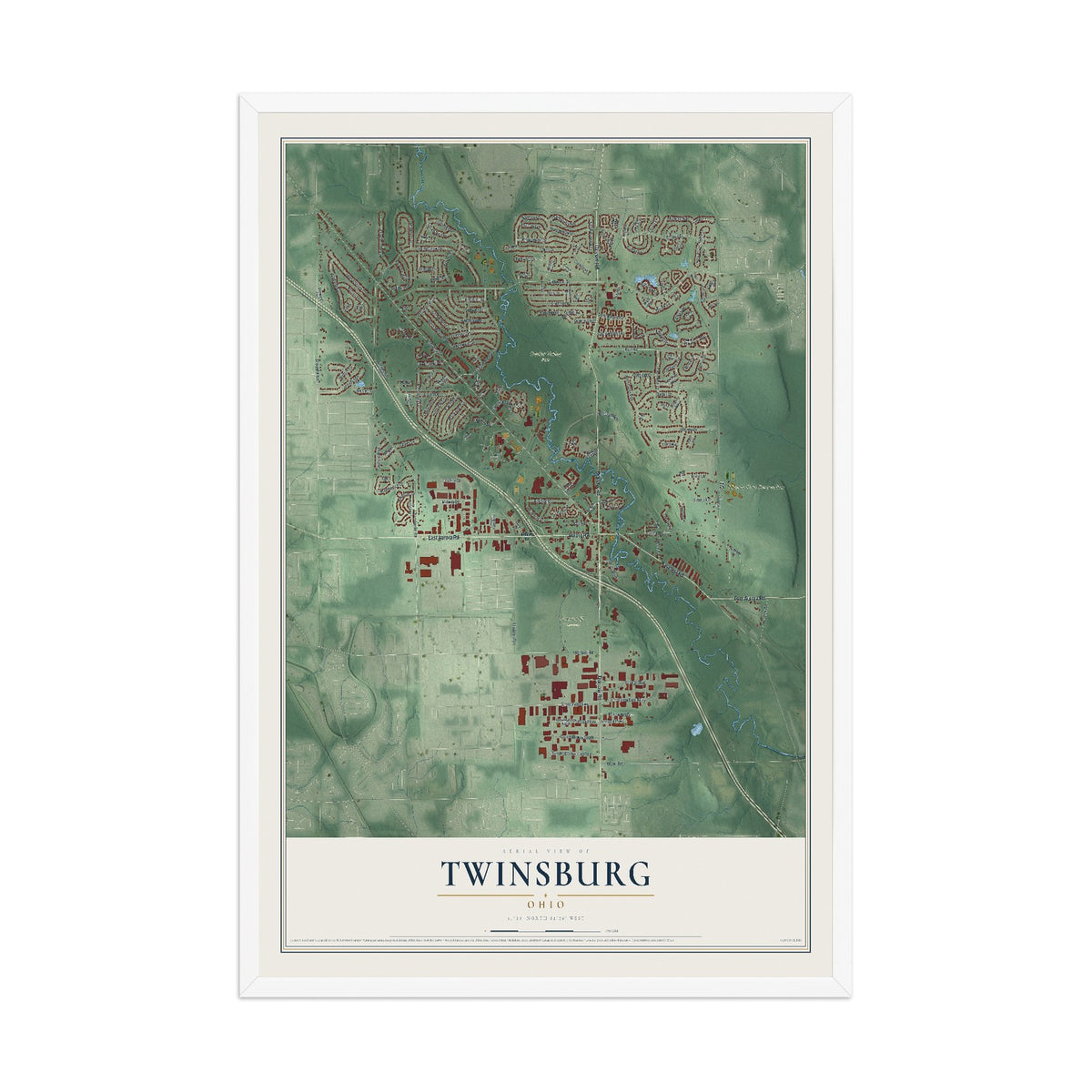 Map of Twinsburg, Ohio, 12 x 18 inch print in a white wood frame