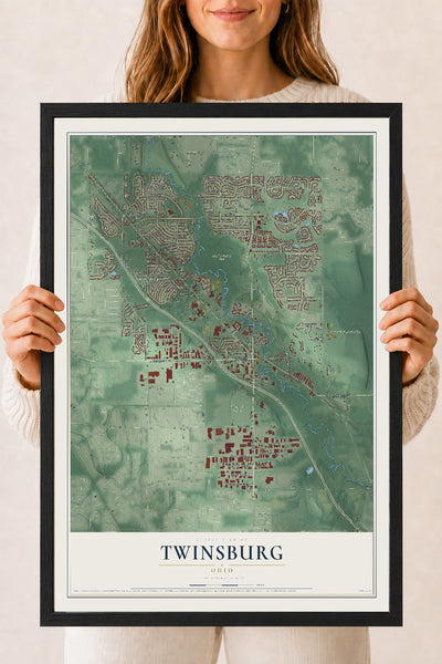 Map of Twinsburg, Ohio, 18 x 24 inch print in a black wood frame