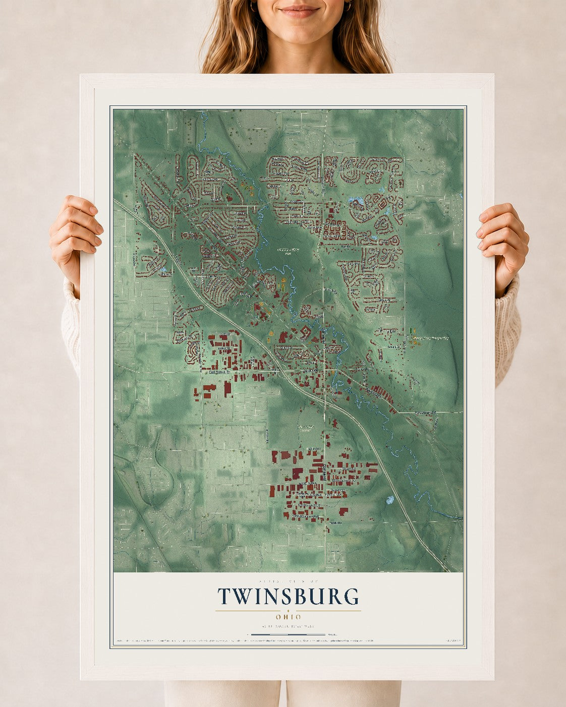 Map of Twinsburg, Ohio, 24 x 36 inch print in a white wood frame