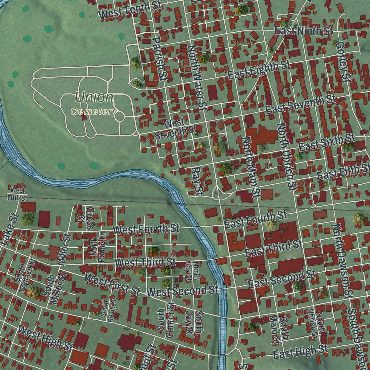 Close-up of the map of Uhrichsville, Ohio print showing street and building detail