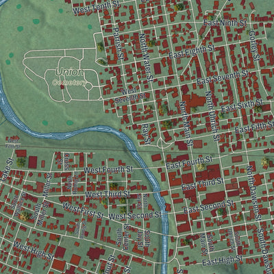 Close-up of the map of Uhrichsville, Ohio print showing street and building detail