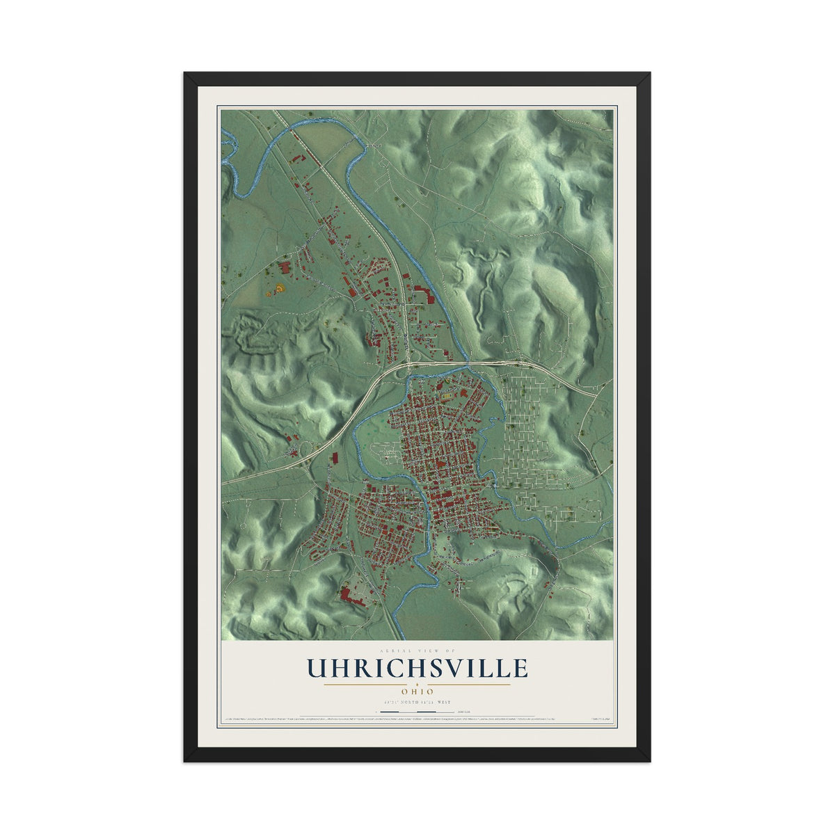 Map of Uhrichsville, Ohio, 12 x 18 inch print in a black wood frame