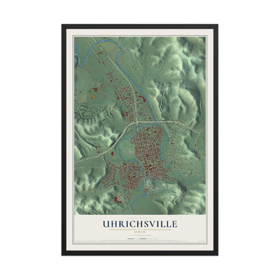 Map of Uhrichsville, Ohio, 12 x 18 inch print in a black wood frame