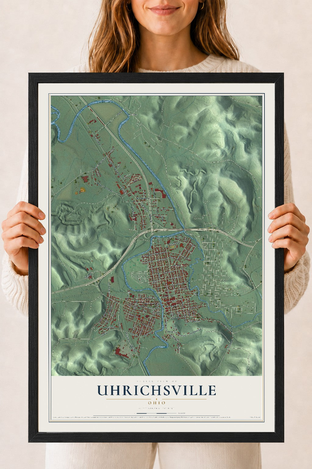 Map of Uhrichsville, Ohio, 18 x 24 inch print in a black wood frame