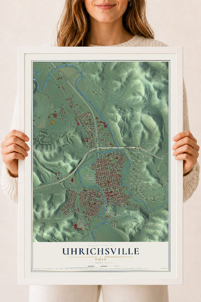 Map of Uhrichsville, Ohio, 18 x 24 inch print in a white wood frame