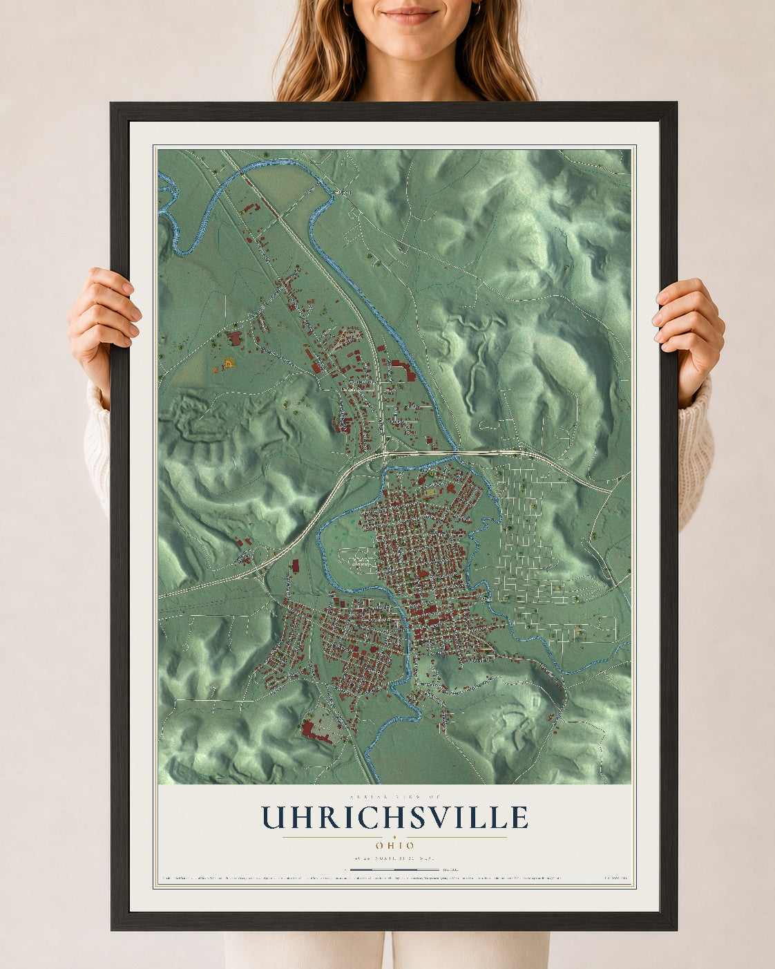 Map of Uhrichsville, Ohio, 24 x 36 inch print in a black wood frame