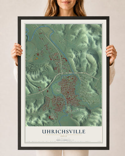 Map of Uhrichsville, Ohio, 24 x 36 inch print in a black wood frame