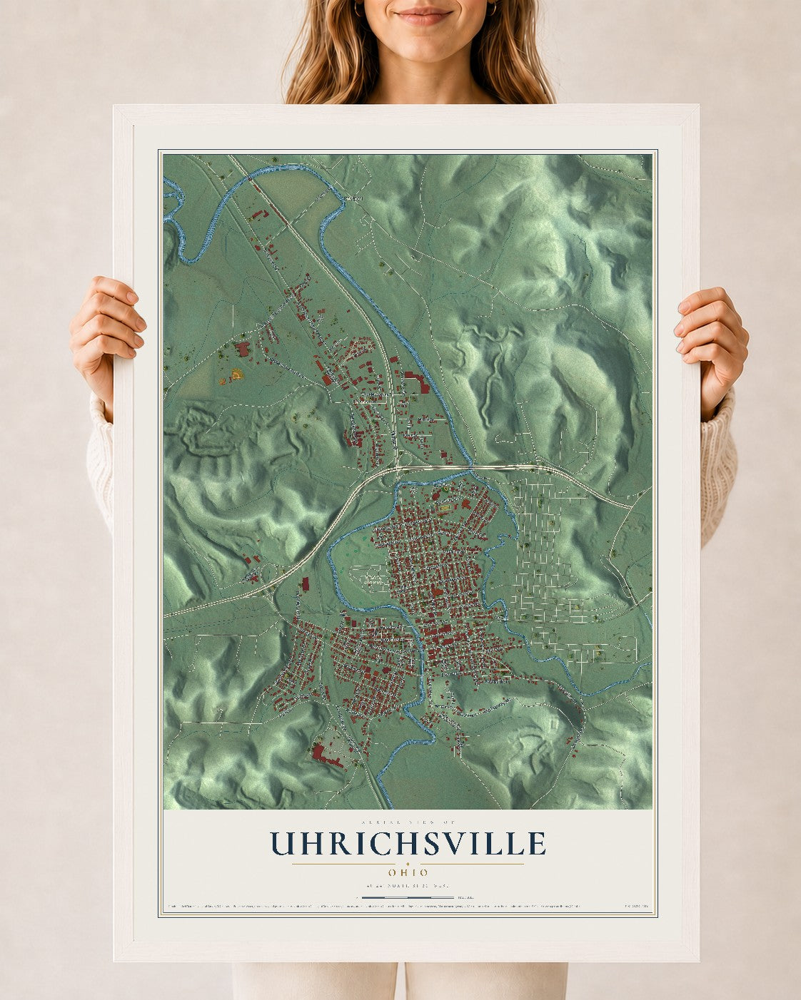 Map of Uhrichsville, Ohio, 24 x 36 inch print in a white wood frame