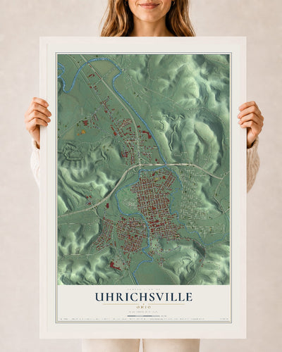 Map of Uhrichsville, Ohio, 24 x 36 inch print in a white wood frame