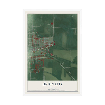 Map of Union City, Ohio, 12 x 18 inch print in a white wood frame