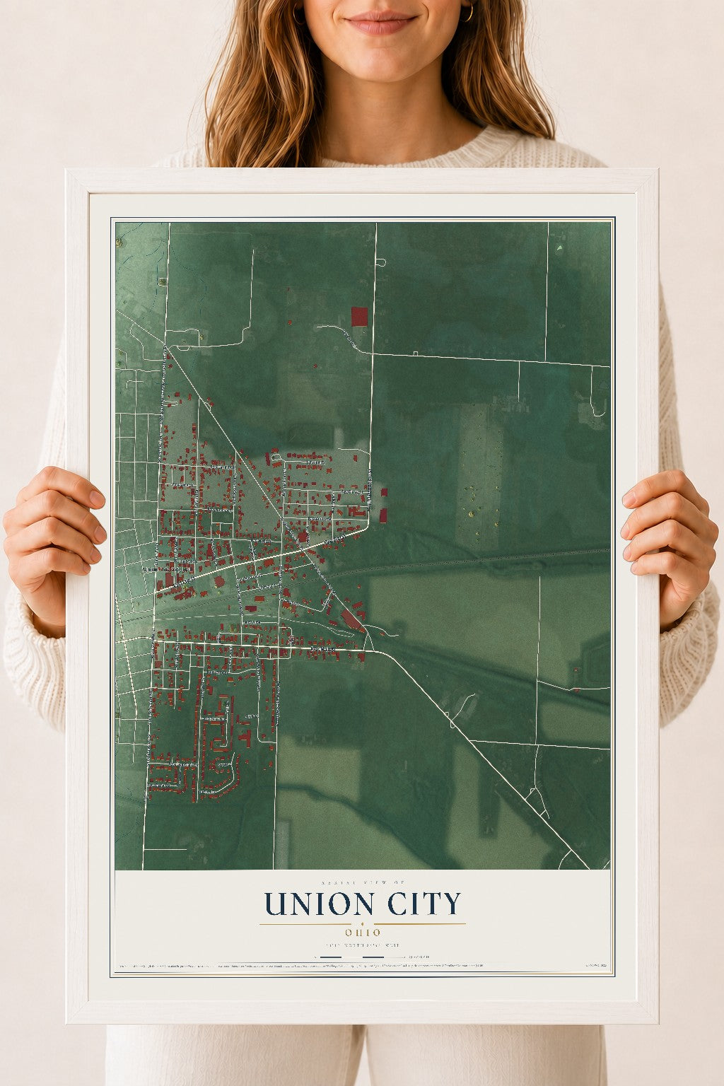 Map of Union City, Ohio, 18 x 24 inch print in a white wood frame