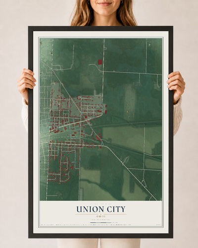 Map of Union City, Ohio, 24 x 36 inch print in a black wood frame