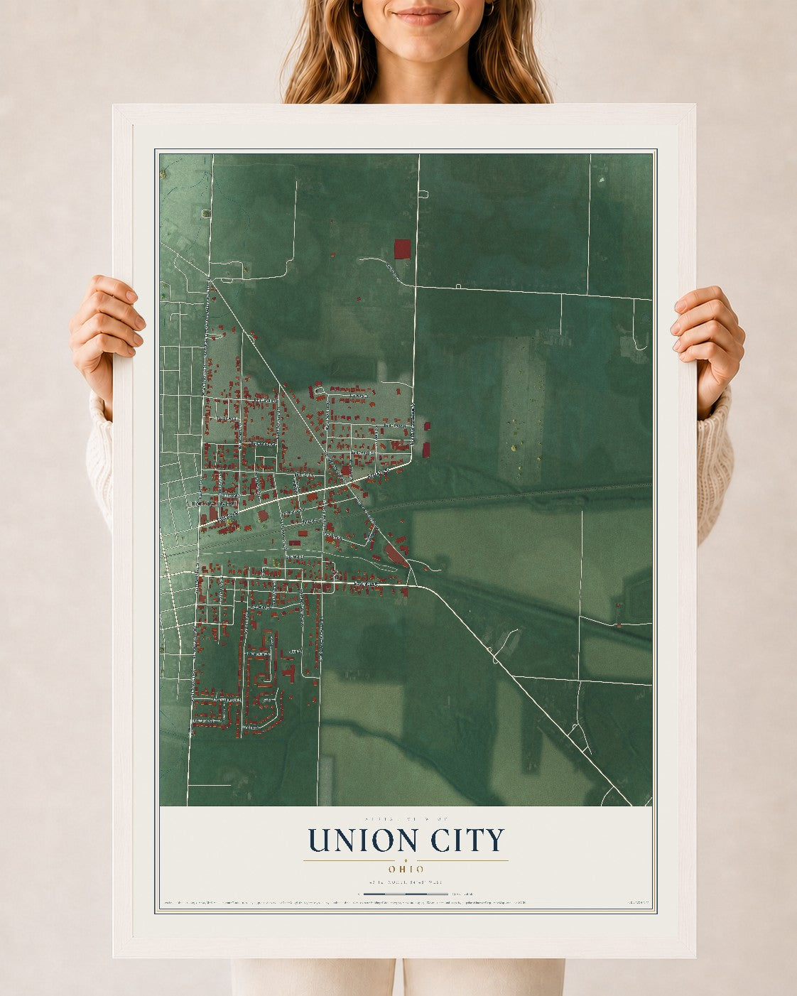 Map of Union City, Ohio, 24 x 36 inch print in a white wood frame