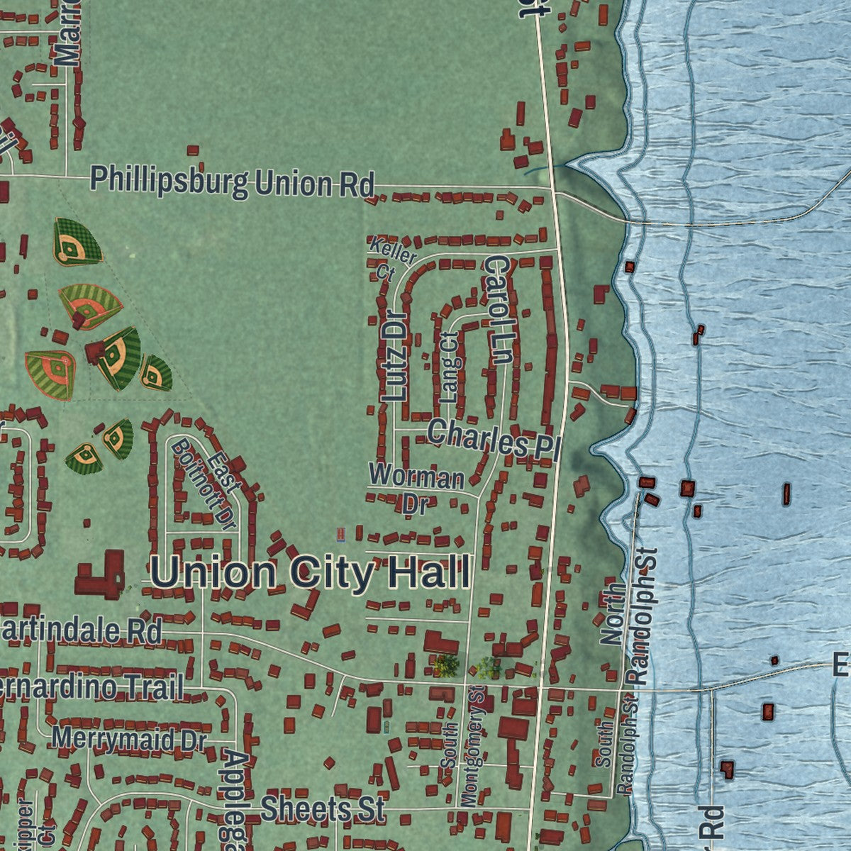 Close-up of the map of Union, Ohio print showing street and building detail