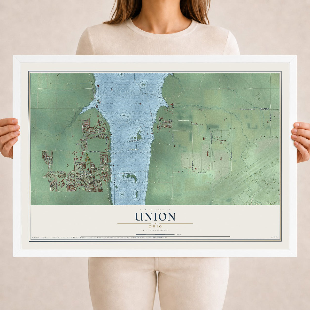 Map of Union, Ohio, 18 x 24 inch print in a white wood frame