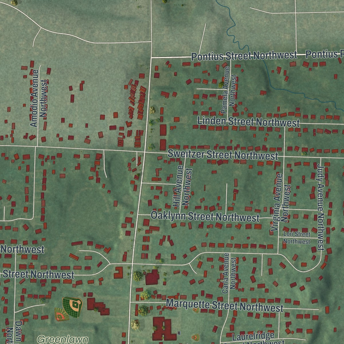Second close-up of the map of Uniontown, Ohio print showing more streets and buildings