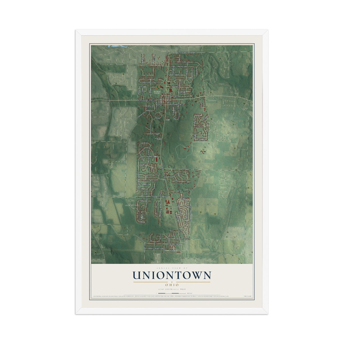 Map of Uniontown, Ohio, 12 x 18 inch print in a white wood frame