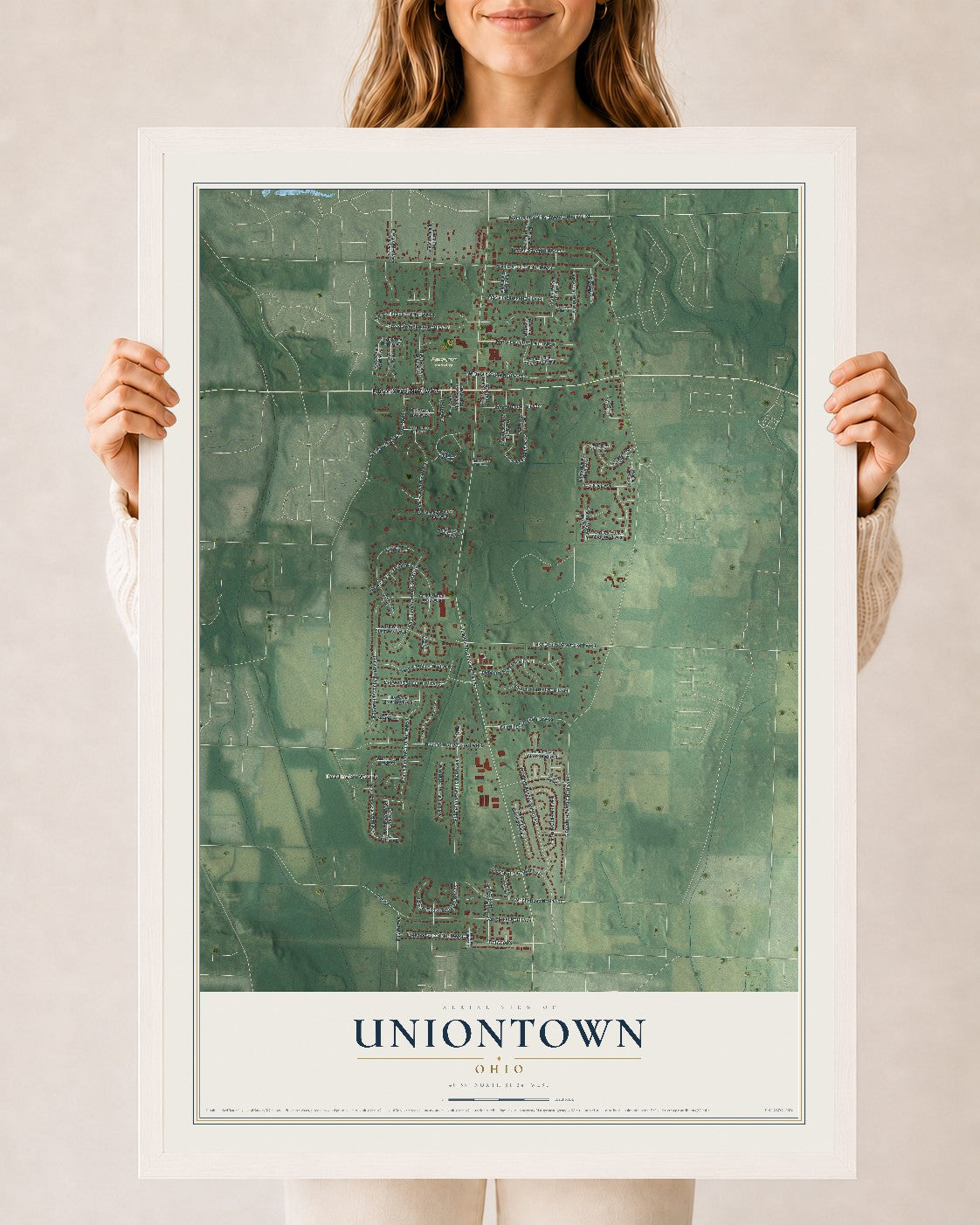 Map of Uniontown, Ohio, 24 x 36 inch print in a white wood frame