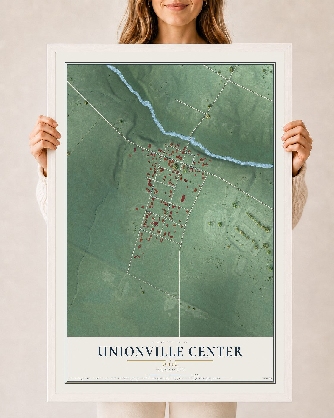 Map of Unionville Center, Ohio, 24 x 36 inch print in a white wood frame