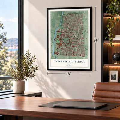 University District, Ohio map, 18 x 24 inch print in a black frame in a home office