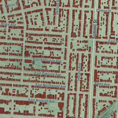Close-up of the map of University District, Ohio print showing street and building detail