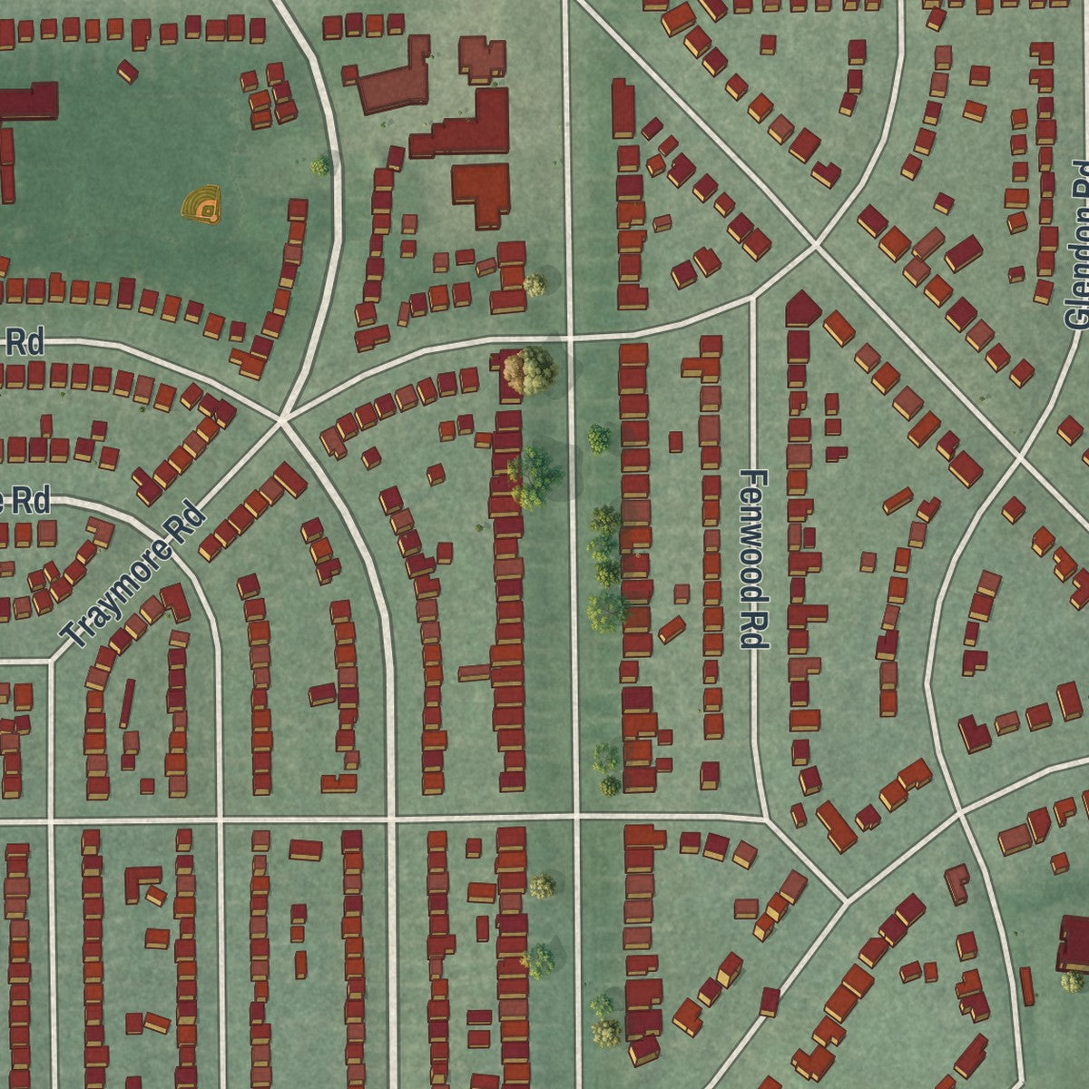Close-up of the map of University Heights, Ohio print showing street and building detail