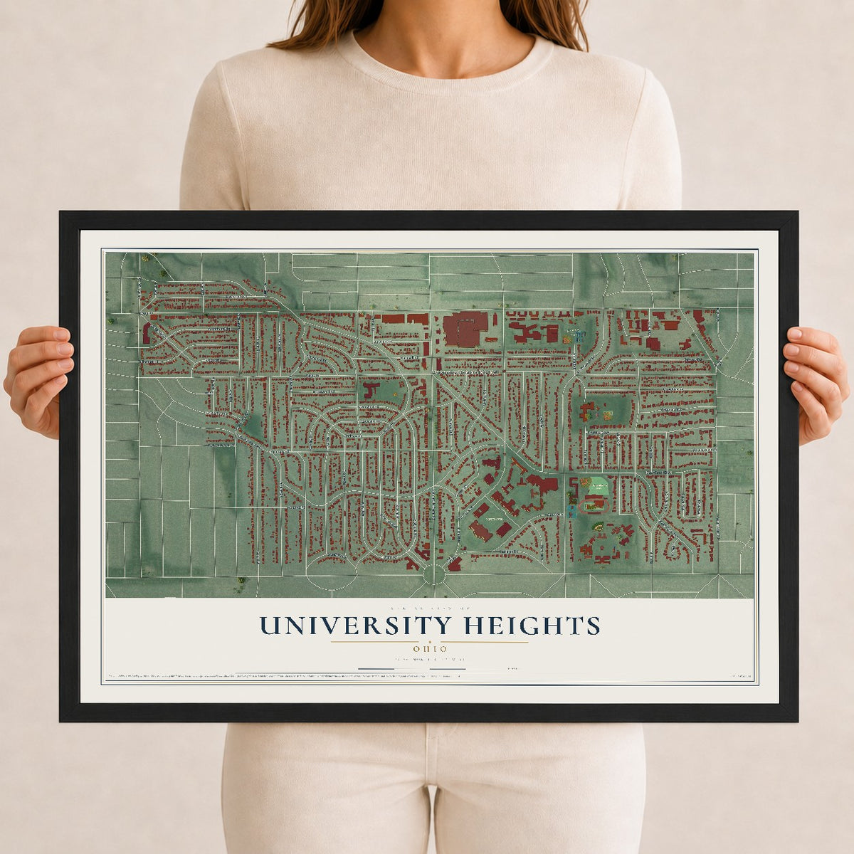 Map of University Heights, Ohio, 12 x 18 inch print in a black wood frame