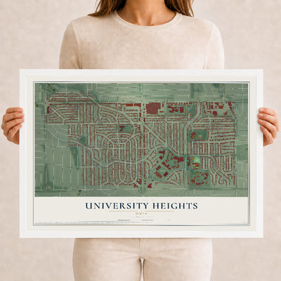 Map of University Heights, Ohio, 12 x 18 inch print in a white wood frame