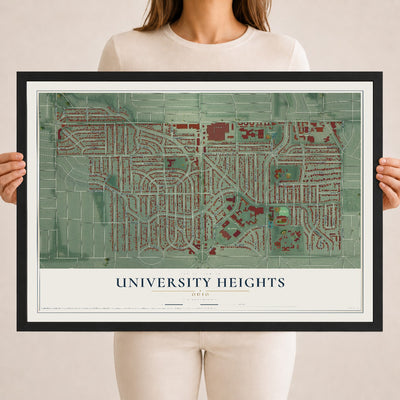 Map of University Heights, Ohio, 18 x 24 inch print in a black wood frame