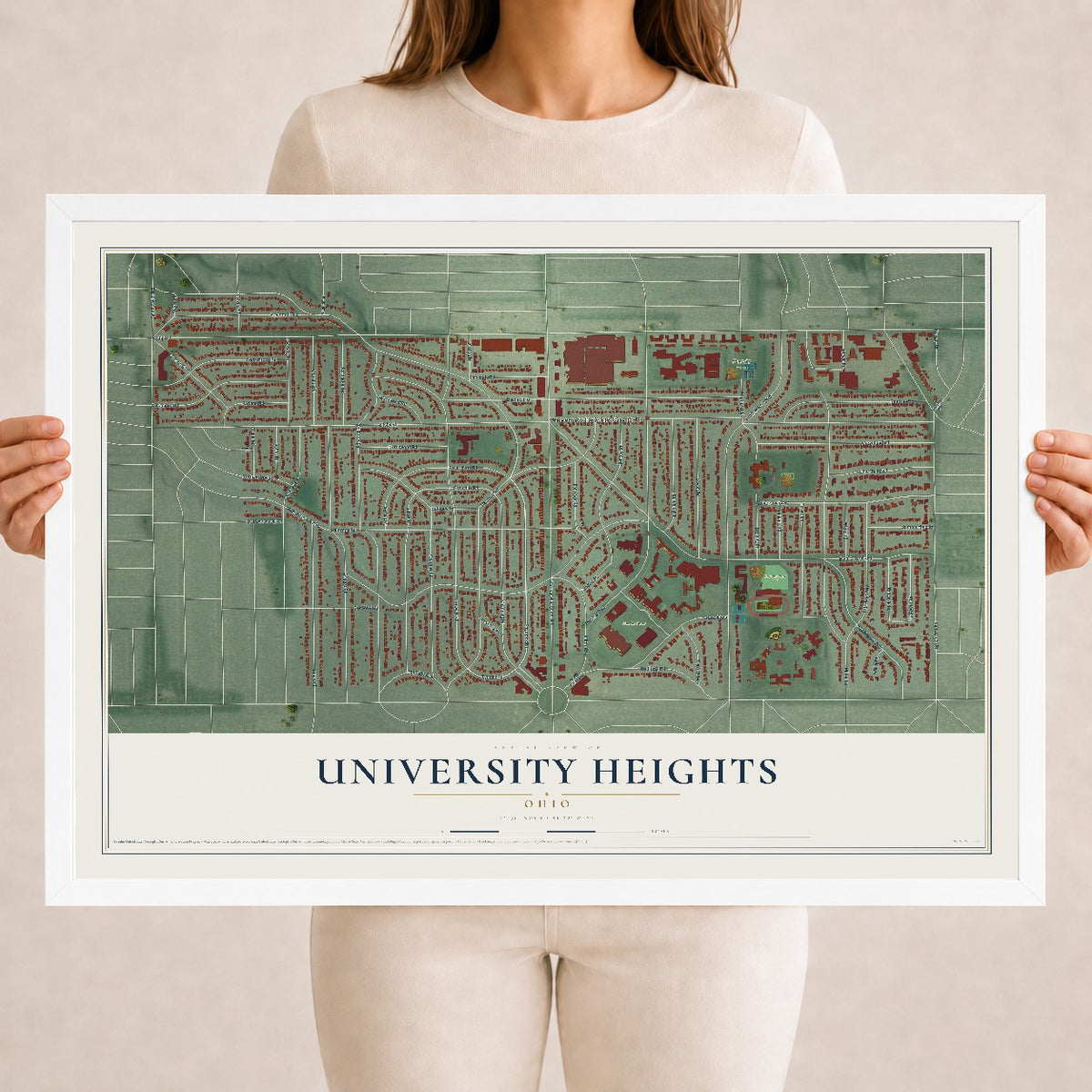 Map of University Heights, Ohio, 18 x 24 inch print in a white wood frame
