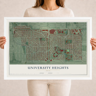 Map of University Heights, Ohio, 18 x 24 inch print in a white wood frame