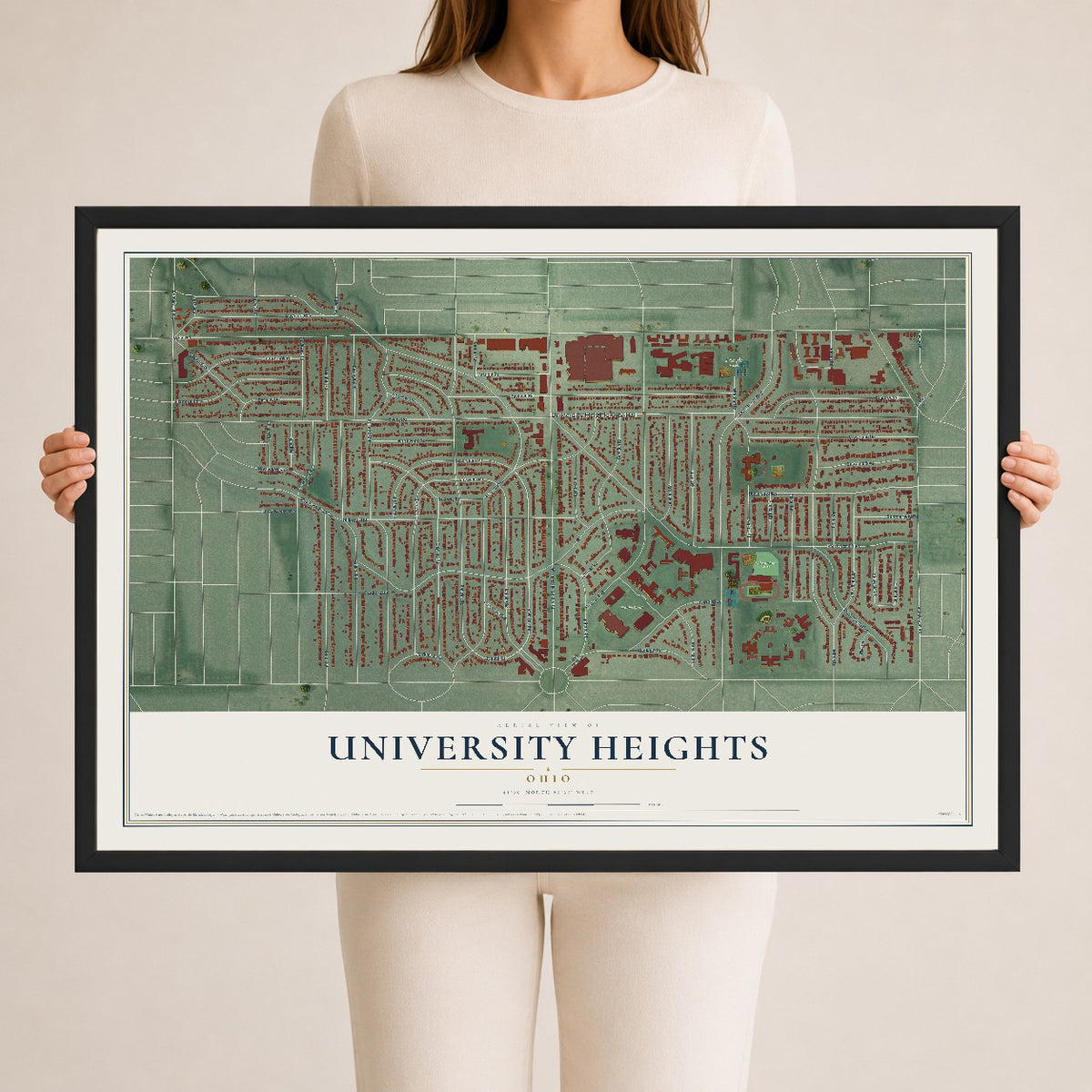 Map of University Heights, Ohio, 24 x 36 inch print in a black wood frame