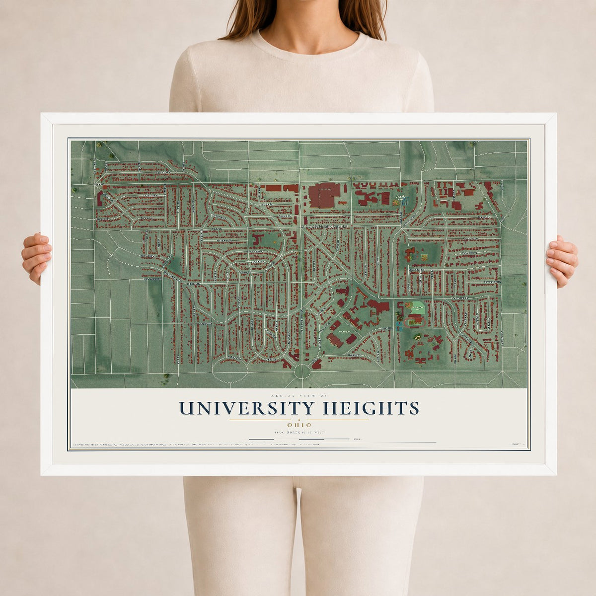 Map of University Heights, Ohio, 24 x 36 inch print in a white wood frame
