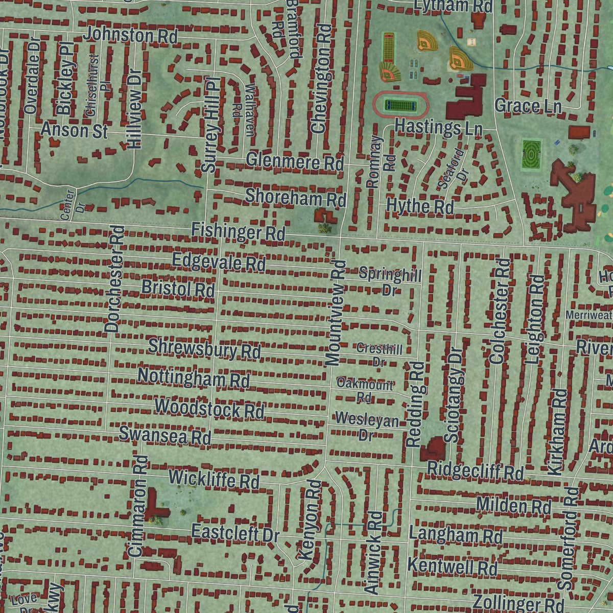 Close-up of the map of Upper Arlington, Ohio print showing street and building detail