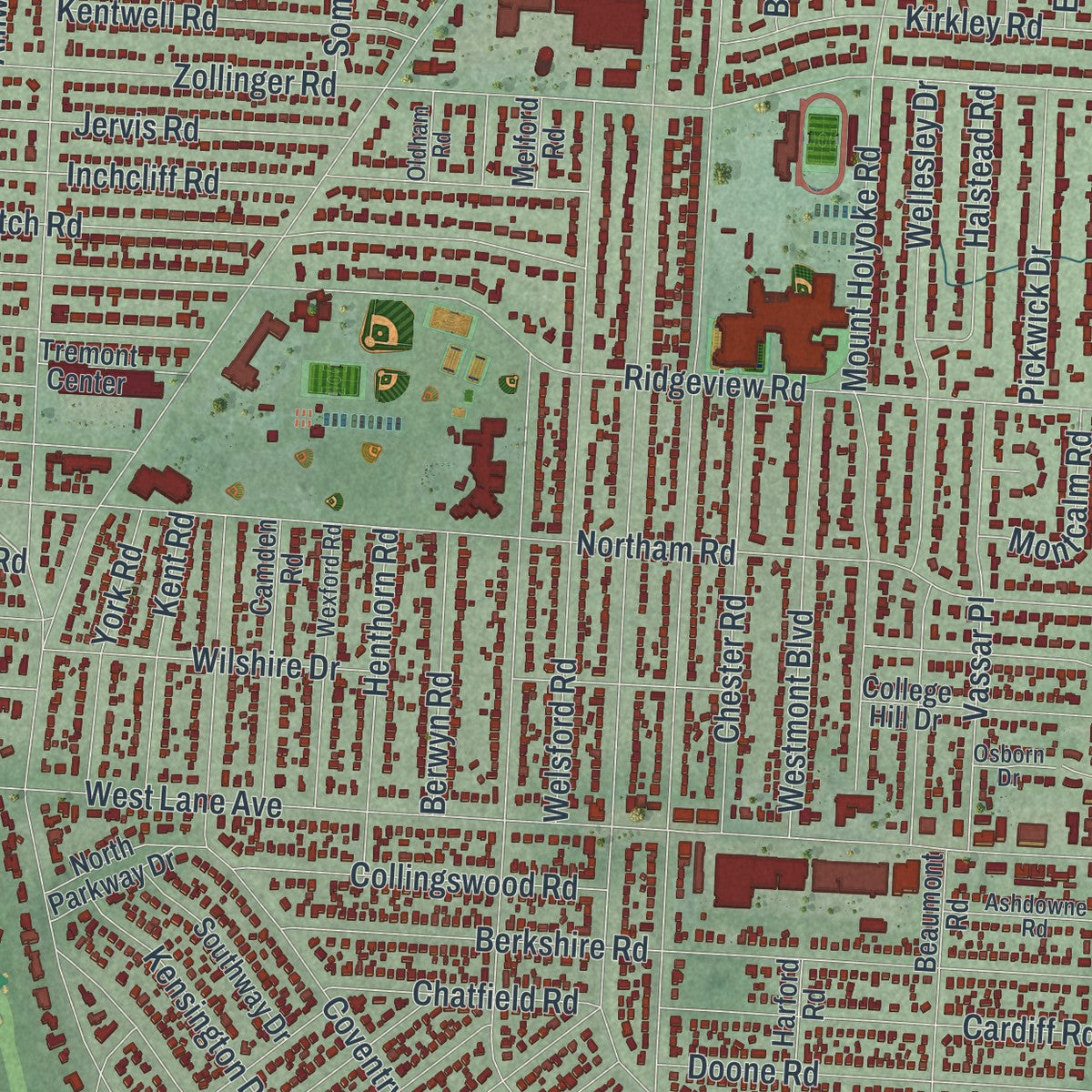 Second close-up of the map of Upper Arlington, Ohio print showing more streets and buildings