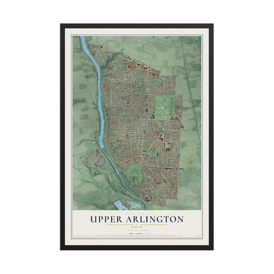 Map of Upper Arlington, Ohio, 12 x 18 inch print in a black wood frame