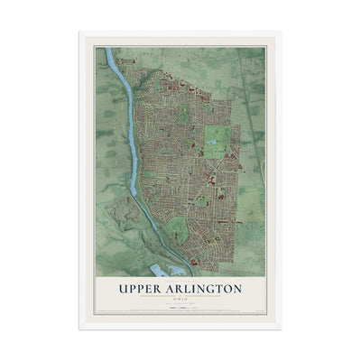 Map of Upper Arlington, Ohio, 12 x 18 inch print in a white wood frame