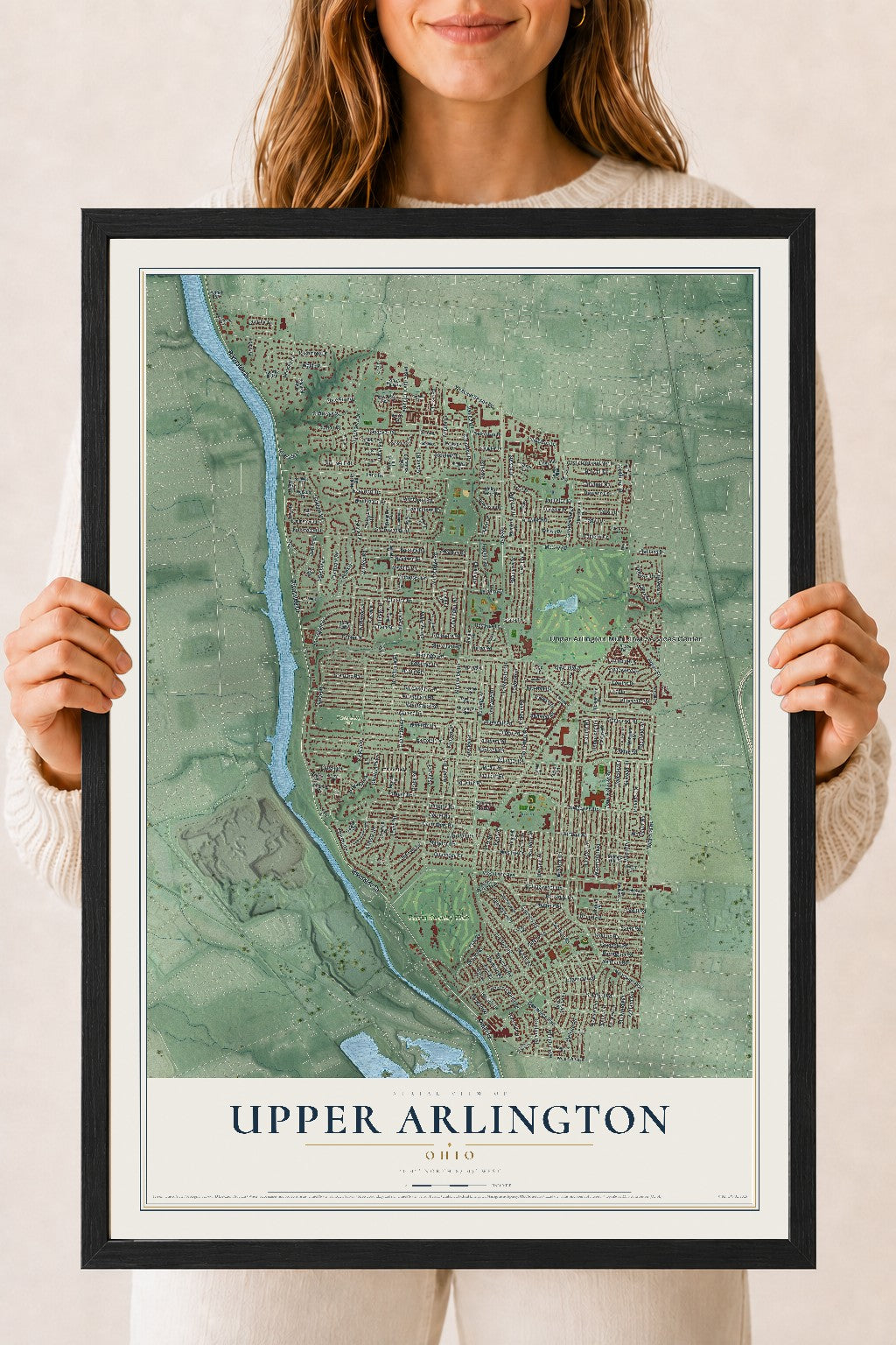 Map of Upper Arlington, Ohio, 18 x 24 inch print in a black wood frame