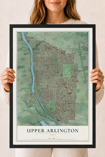 Map of Upper Arlington, Ohio, 18 x 24 inch print in a black wood frame