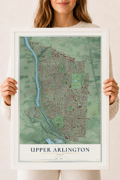 Map of Upper Arlington, Ohio, 18 x 24 inch print in a white wood frame
