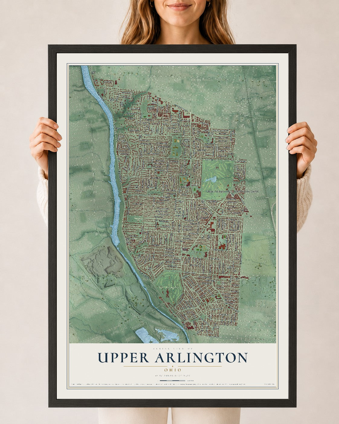 Map of Upper Arlington, Ohio, 24 x 36 inch print in a black wood frame