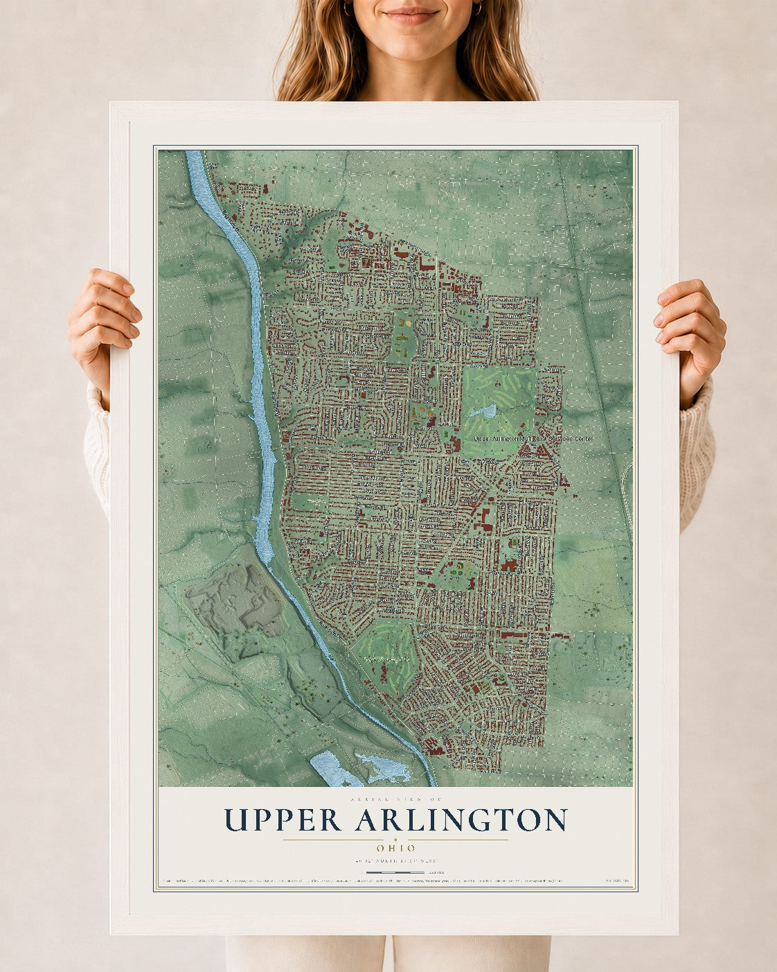 Map of Upper Arlington, Ohio, 24 x 36 inch print in a white wood frame