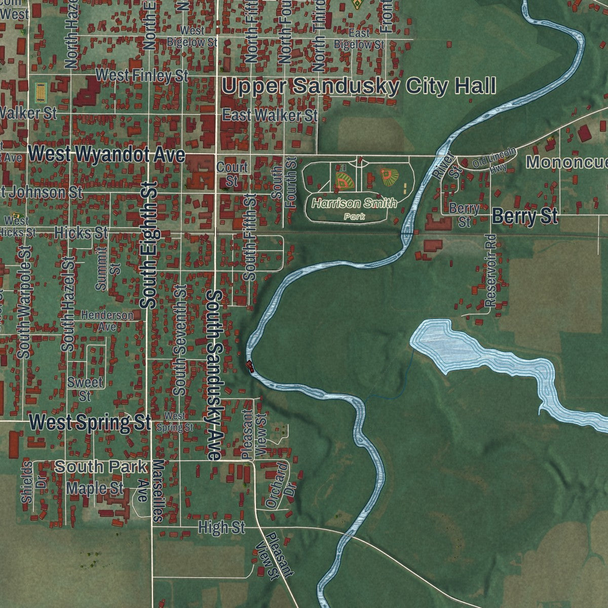 Close-up of the map of Upper Sandusky, Ohio print showing street and building detail